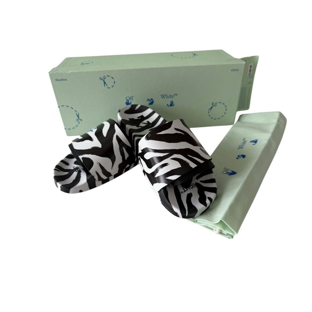 Off-White Zebra Print Slip-On Pool Slides Black White Women's Size 36